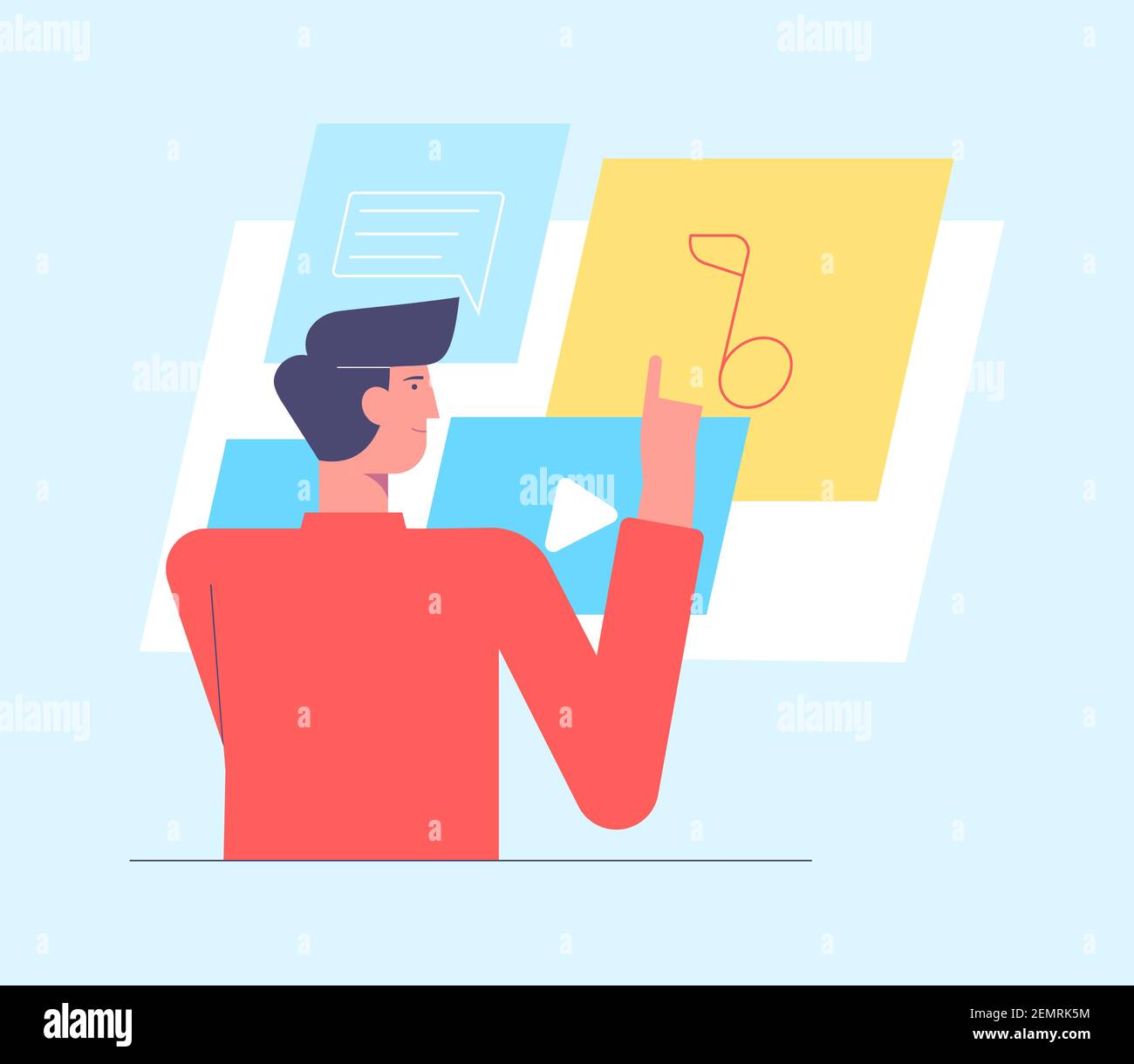 Guy navigare sui social network. Uomo che fa post e condividere momenti felici con i loro seguaci. Influenza e dipendenza dei social media. Illustrazione vettoriale Illustrazione Vettoriale