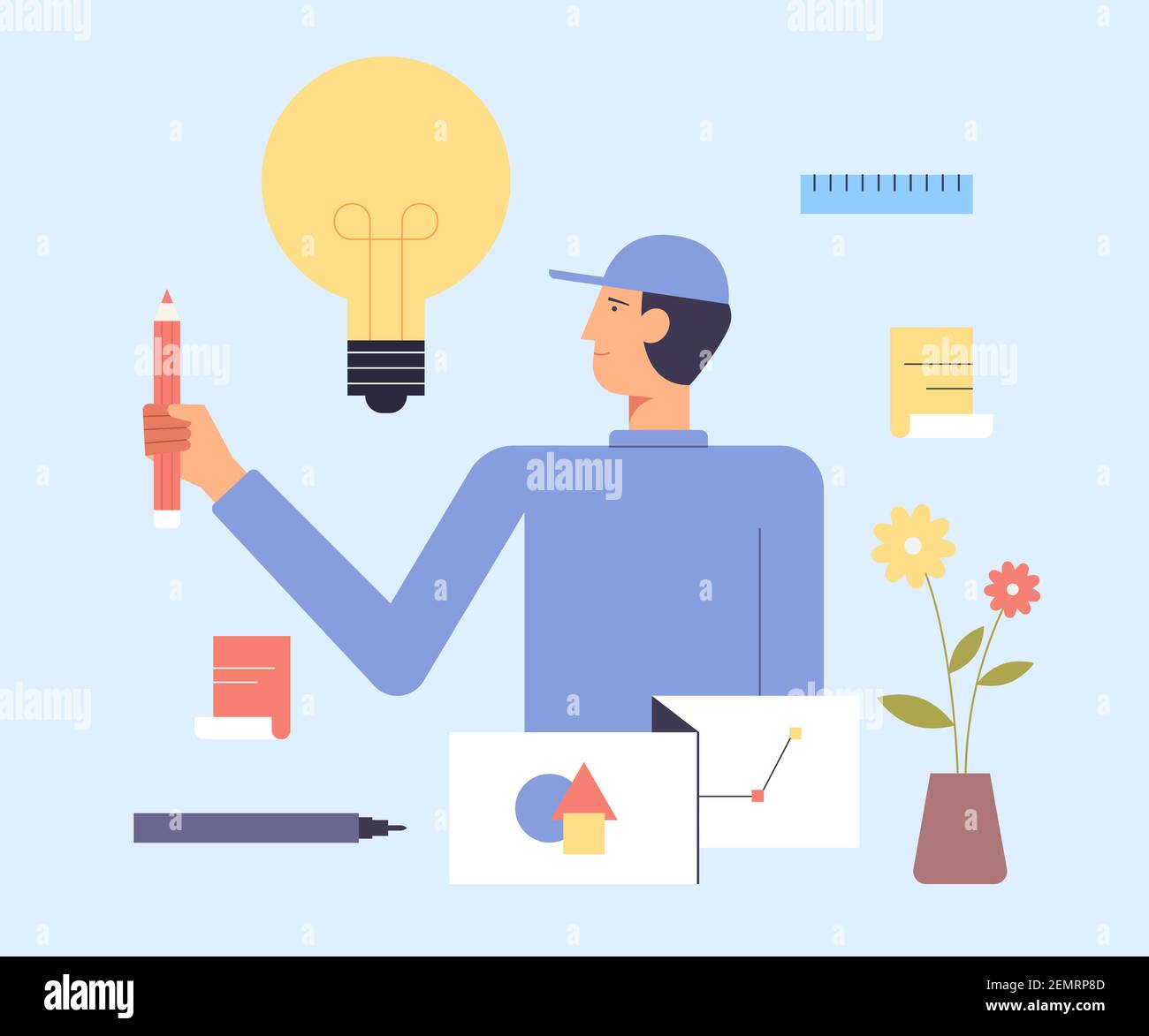 Design grafico professionale. Illustrazione del design piatto vettoriale su specialista creativo al lavoro. Illustrazione Vettoriale