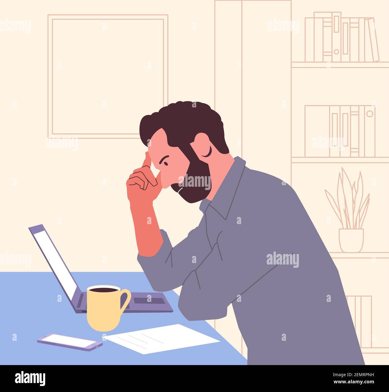 Fallimento, burnout, collasso, business concept. Stanco frustrato uomo d'affari giovane in stress psicologico alla fine della giornata in ufficio. Illustrazione Vettoriale