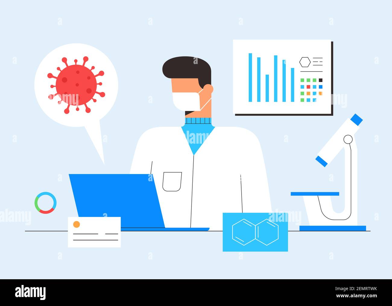 Ricerca di laboratorio chimico. Concetto di scoperta del vaccino. Scienziato, microscopio e computer che lavorano allo sviluppo del trattamento antivirale. Illustrazione Vettoriale