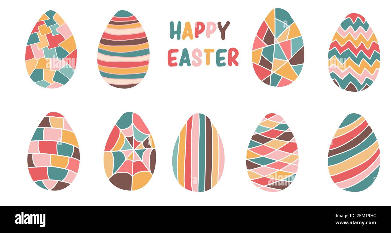 Uova colorate di Pasqua con decorazioni diverse su sfondo bianco Illustrazione Vettoriale