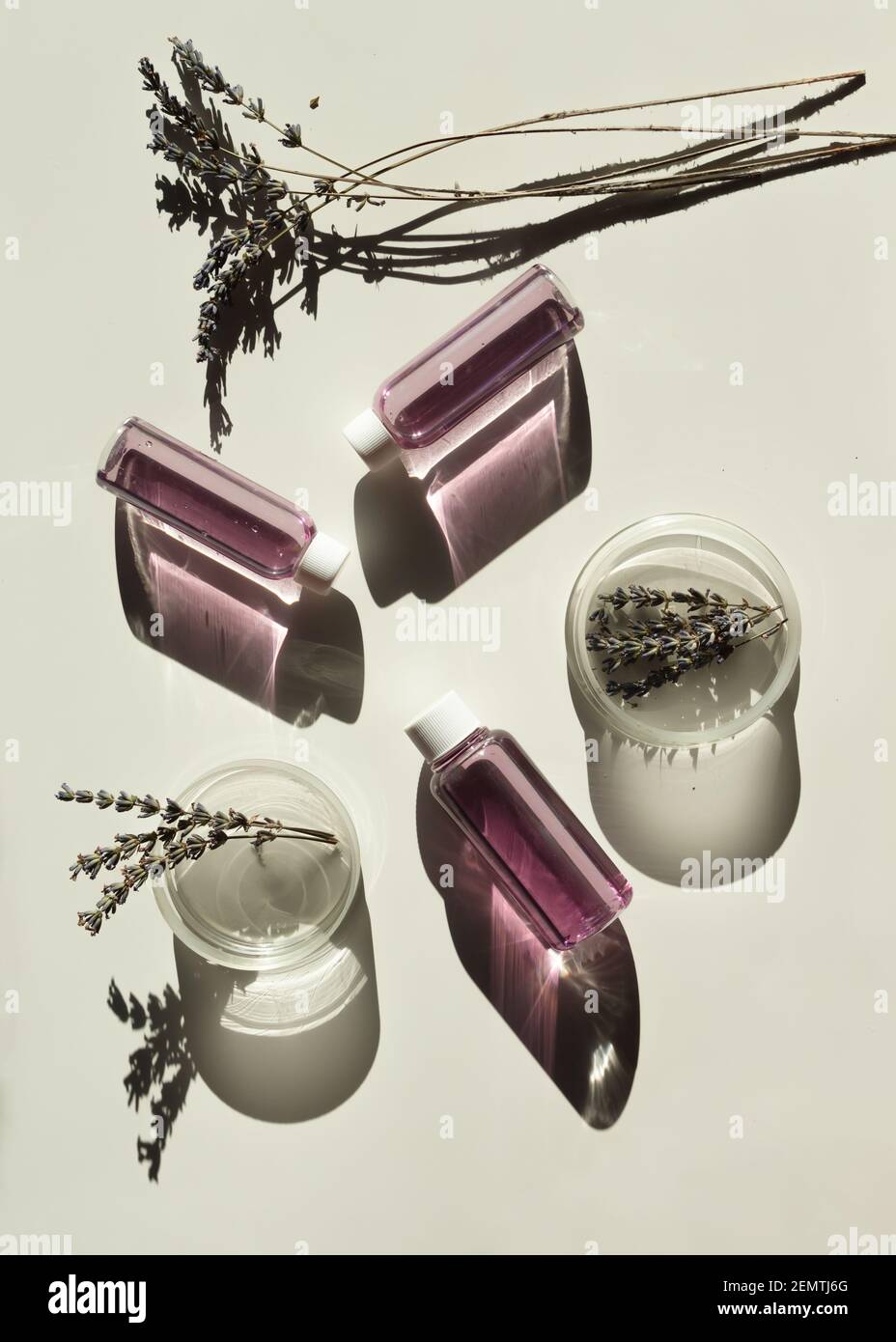 Laboratorio cosmetico astratto o chimico. Attrezzature da laboratorio, matracci, provette, capsule di Petri. Concetto creativo con ombre dure. Foto Stock
