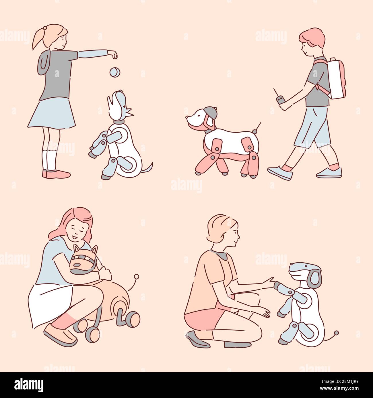 Persone che camminano e giocano con animali meccanici vettore cartoon illustrazione profilo. Felici i bambini e le donne sorridenti che trascorrono del tempo con i cani robotici. Concetto di tecnologia robotica moderna. Illustrazione Vettoriale