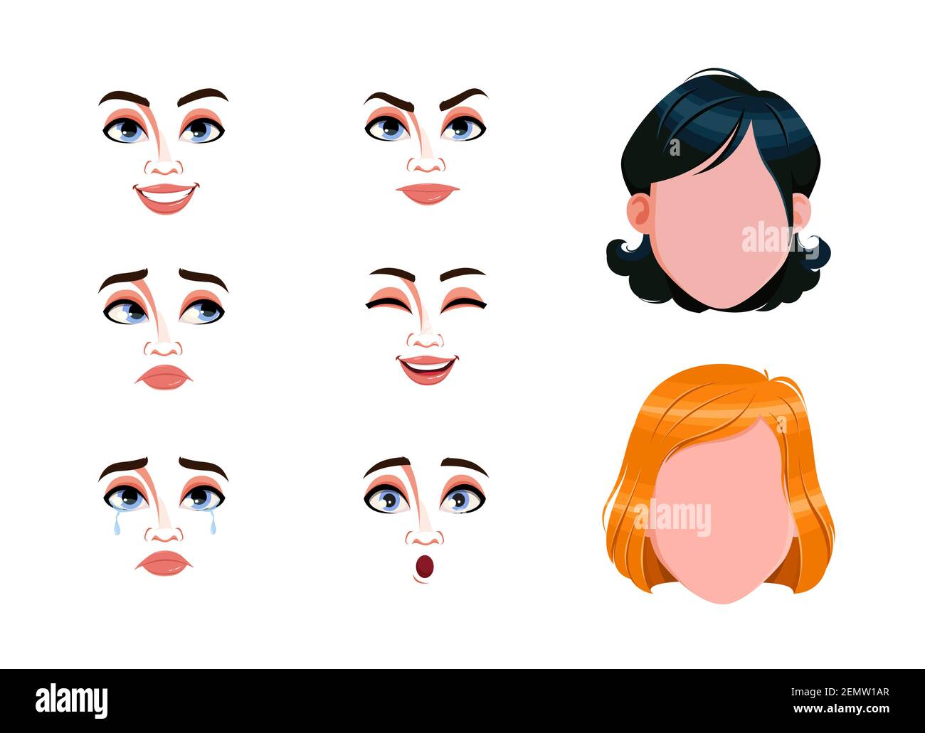 Diverse emozioni femminili. Volti vuoti ed espressioni delle donne. Scegli le emozioni di cui hai bisogno. Illustrazione vettoriale stock Illustrazione Vettoriale