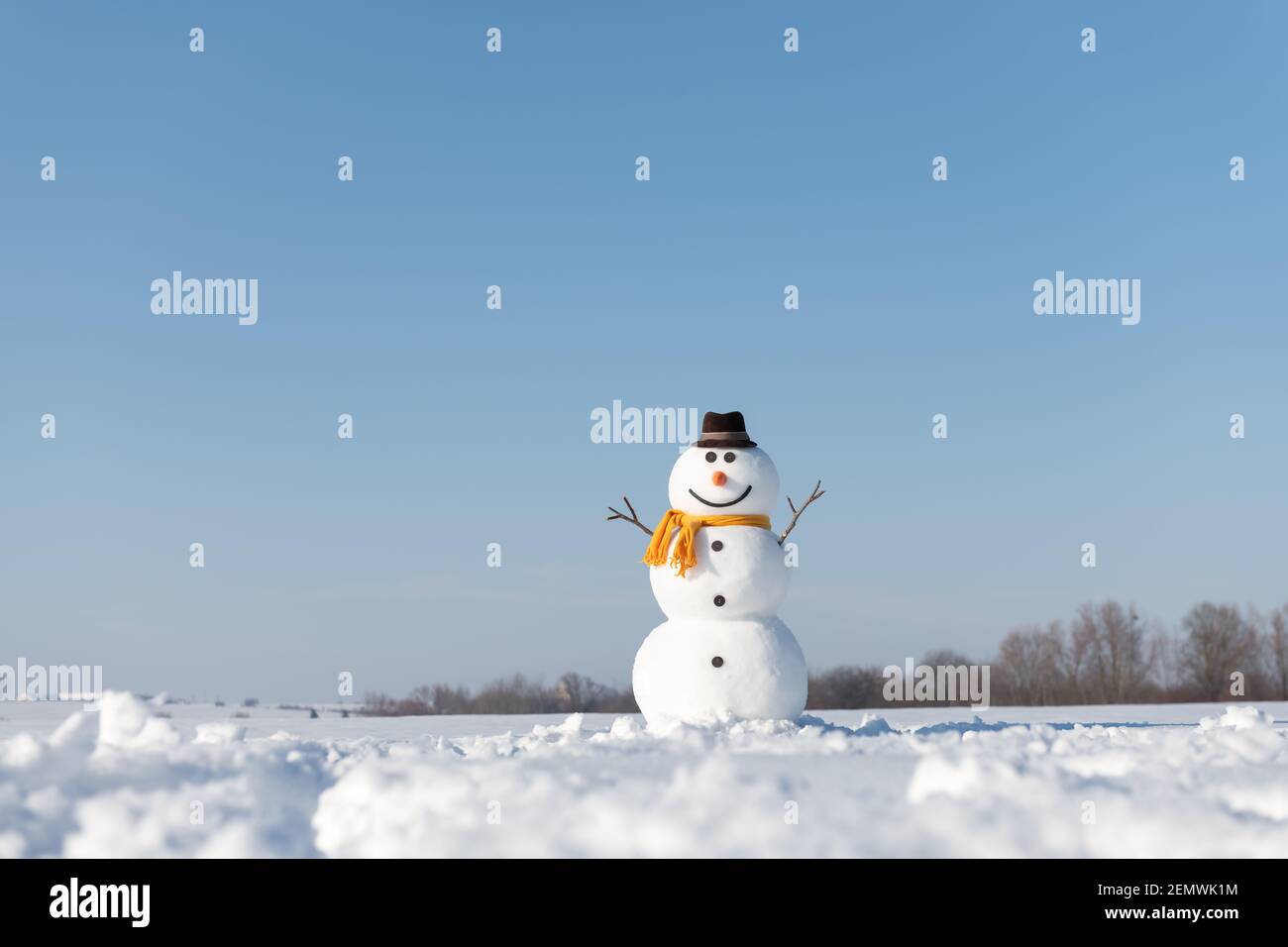 Simpatico pupazzo di neve in elegante cappello marrone e cuoio capelluto giallo su campo innevato. Cielo blu su sfondo Foto Stock
