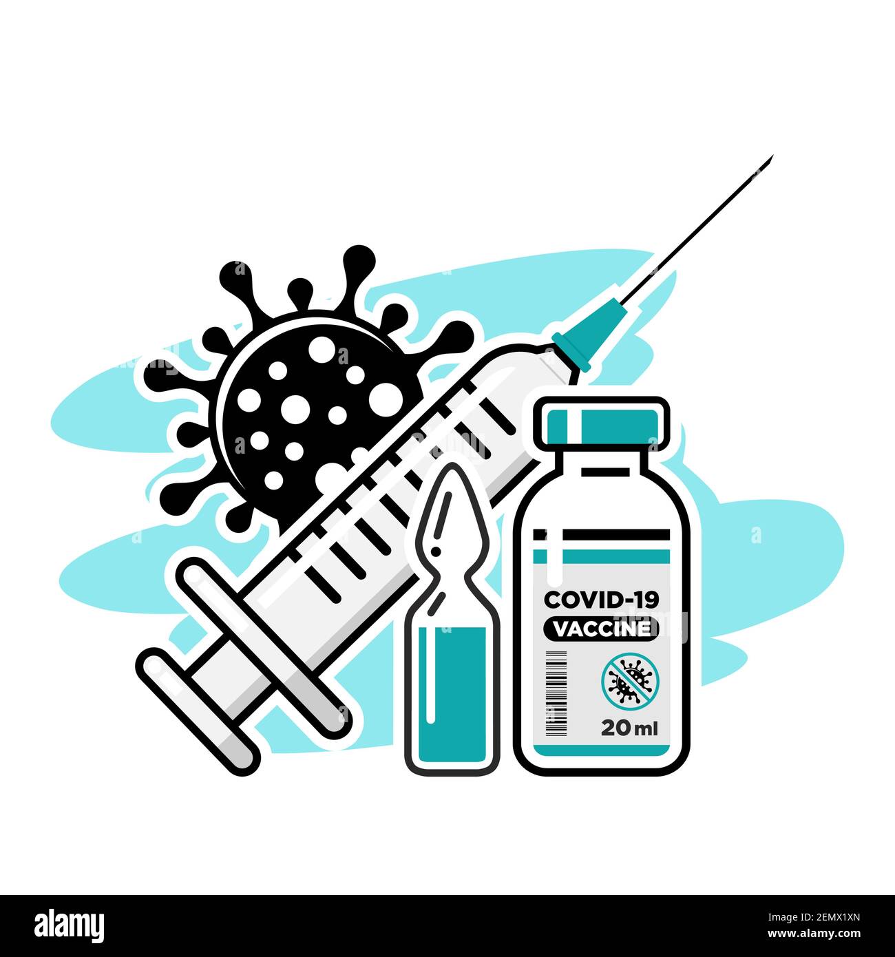 COVID-19 concetto di vaccinazione globale. Siringa medica con ago, flacone e flacone con il farmaco contro il coronavirus. Vettore isolato su sfondo bianco Illustrazione Vettoriale