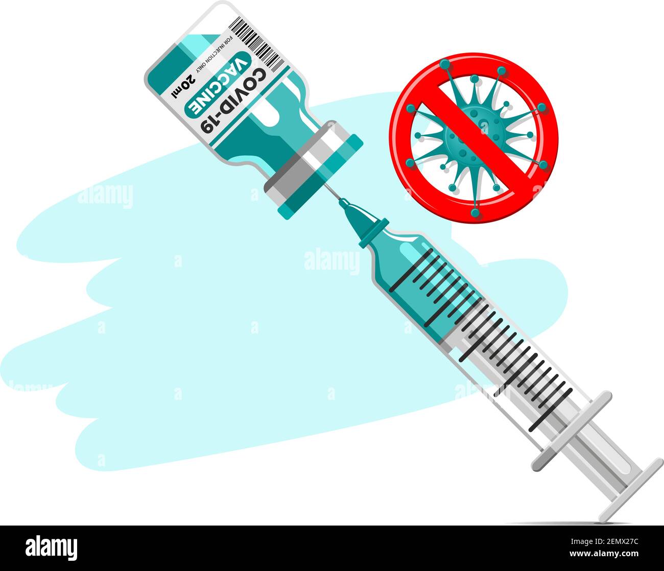 Concetto di vaccinazione con coronavirus. Vaccino del virus della corona Covid-19 con flacone di vaccino e strumento di iniezione a siringa per il trattamento di immunizzazione di Covid19. Ve Illustrazione Vettoriale