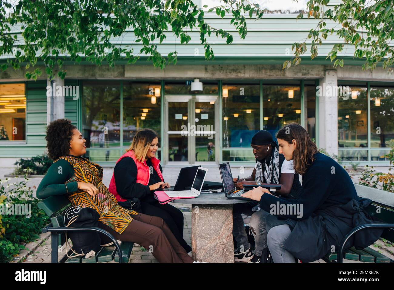 Giovani studenti di sesso maschile e femminile che studiano nel campus Foto Stock