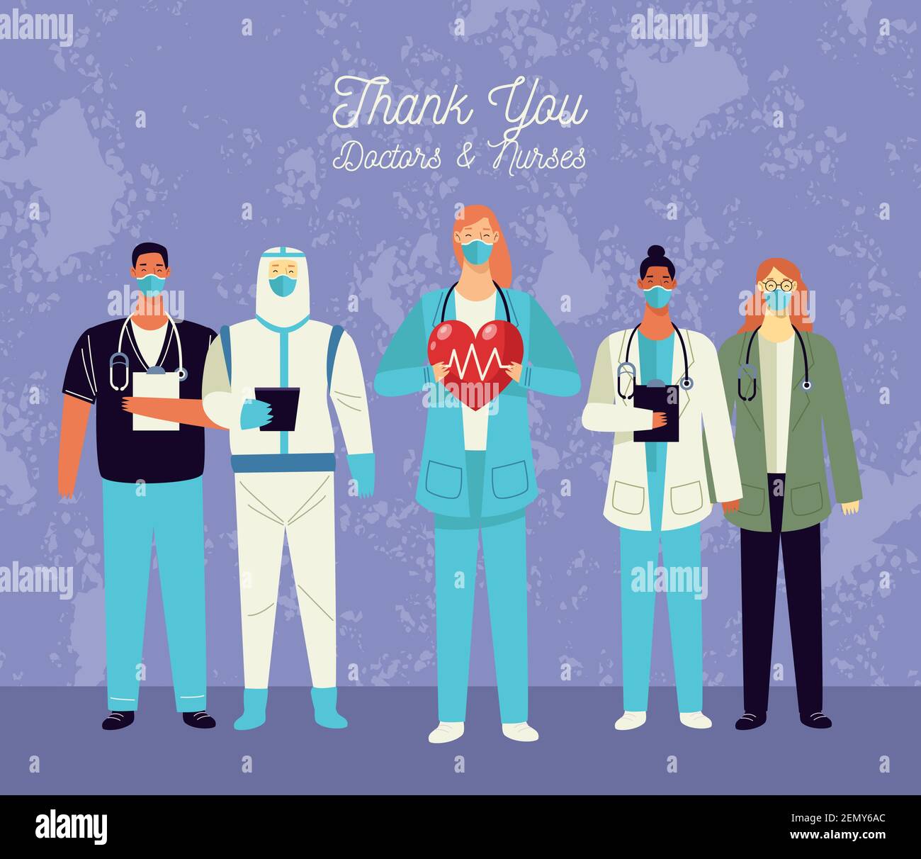 grazie medici e infermieri che scritte con il personale medico e. disegno di illustrazione vettoriale di cuori Illustrazione Vettoriale