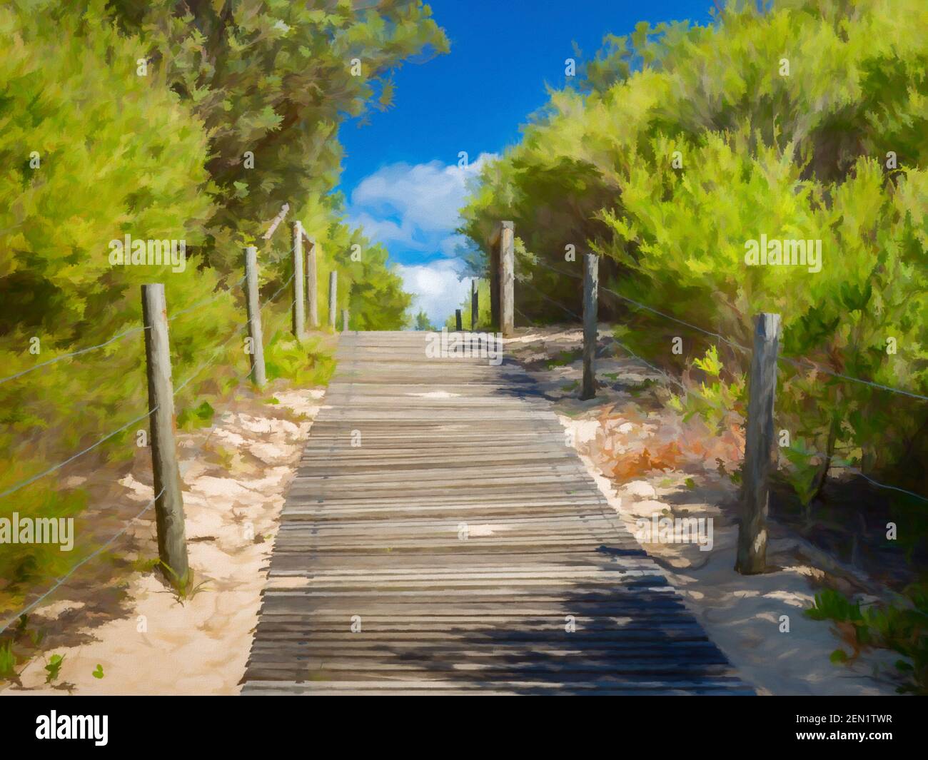 Pittura digitale della passerella sulla spiaggia a Zenith Beach, NSW, Australia. Foto Stock