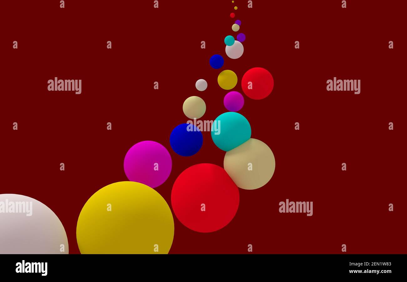 rendering 3d di diverse palline colorate (bianco, giallo, rosso, viola, azzurro e blu) che galleggiano verso l'alto su uno sfondo rosso infinito. Foto Stock