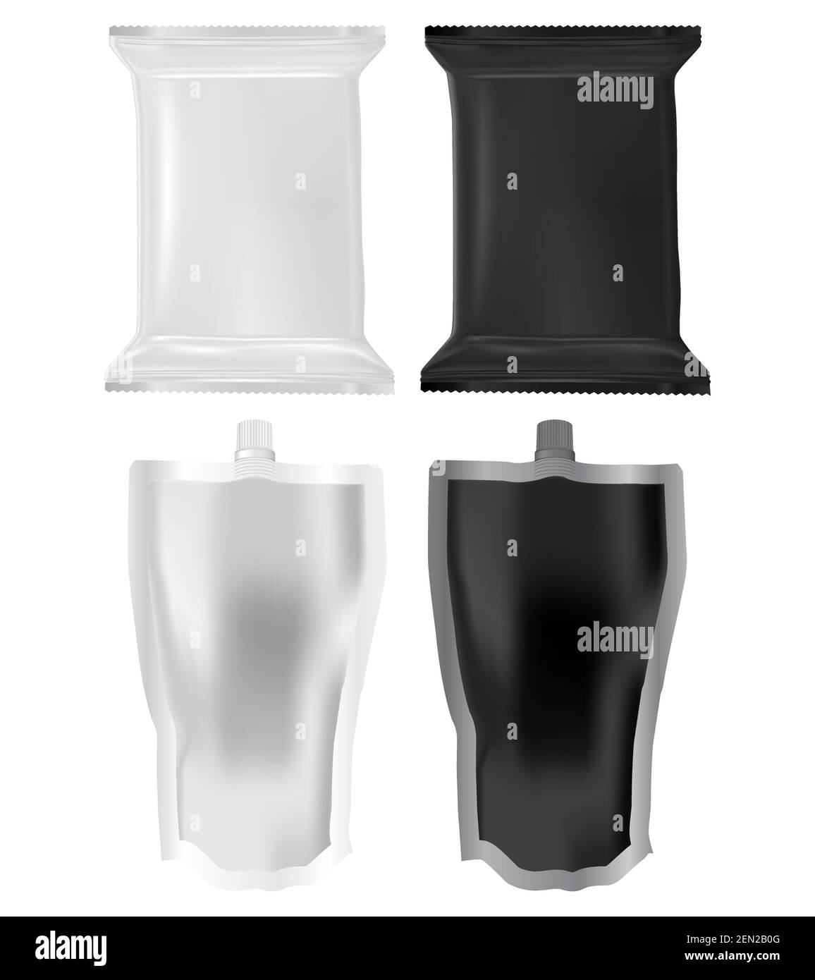 Sacchetto per salsa di pasta, sacchetto con beccuccio per la maionese. Confezione di plastica con ketchup di pomodoro. Confezione di condimento con spaghetti liquidi con tappo a vite. Foi Illustrazione Vettoriale