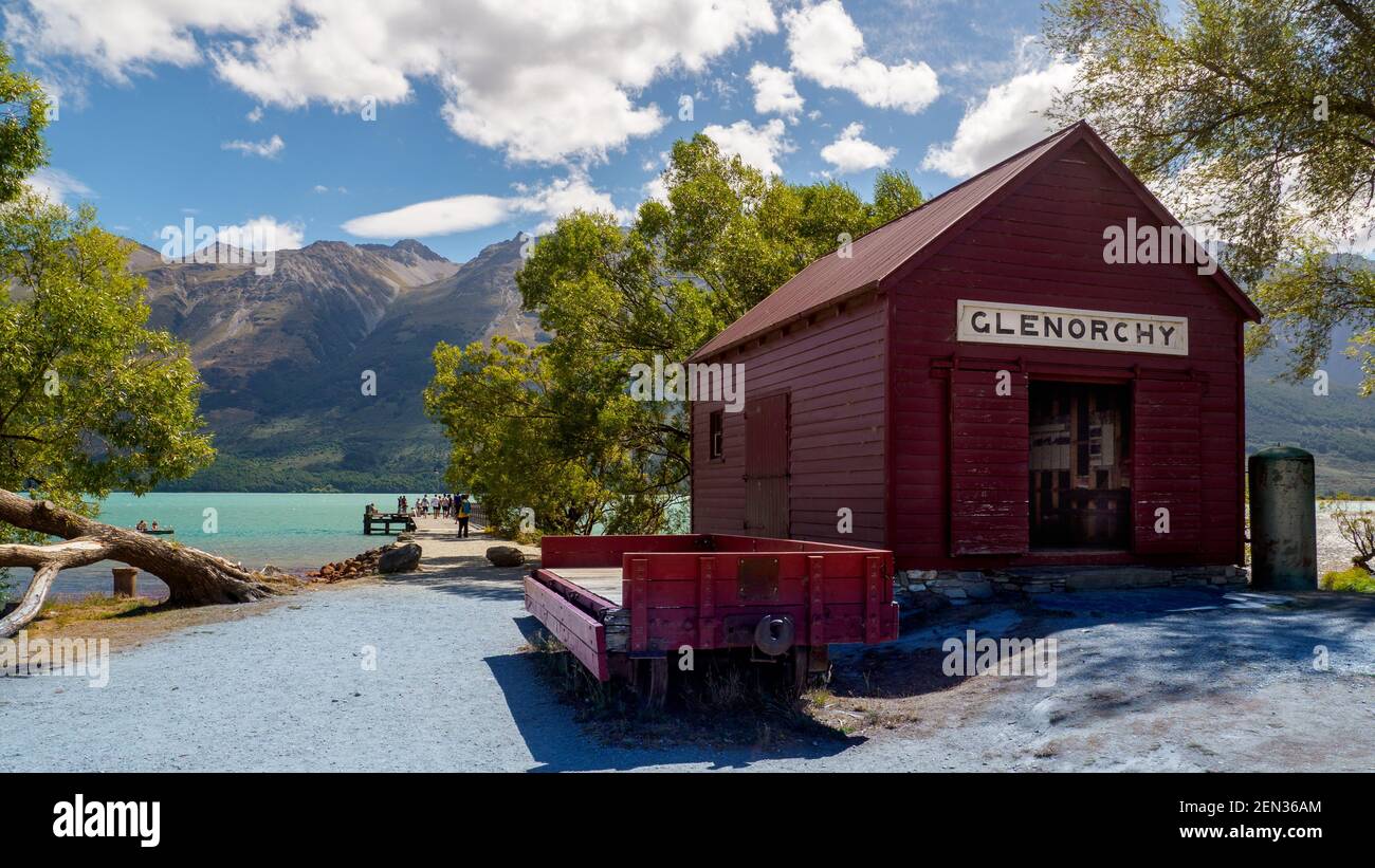 Il Glenorchy restaurò il deposito delle navi a vapore sulla riva settentrionale del lago Wakatipu, Nuova Zelanda Foto Stock