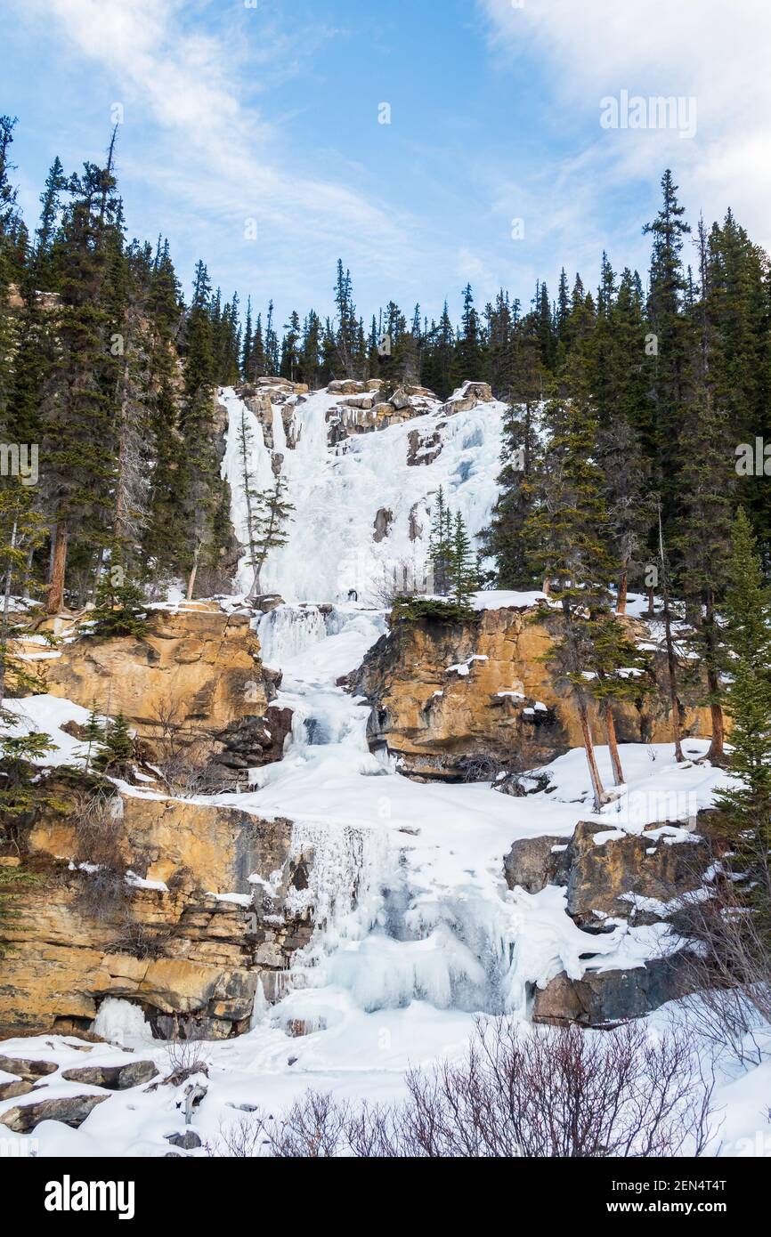 Cascate di Frozen Tangle Creek nel parco nazionale di Jasper, Canada Foto Stock