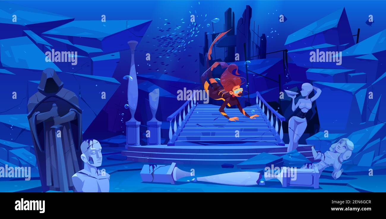 Subacqueo esplorare la città sommersa sul fondo del mare. Donna che galleggia sopra relitto antiche colonne di architettura e rotto statue nel mondo sottomarino, carattere femminile in oceano Cartoon illustrazione vettoriale Illustrazione Vettoriale Subacqueo esplorare la città sommersa sul fondo del mare. Donna che galleggia sopra relitto antiche colonne di architettura e rotto statue nel mondo sottomarino, carattere femminile in oceano Cartoon illustrazione vettoriale Illustrazione Vettoriale