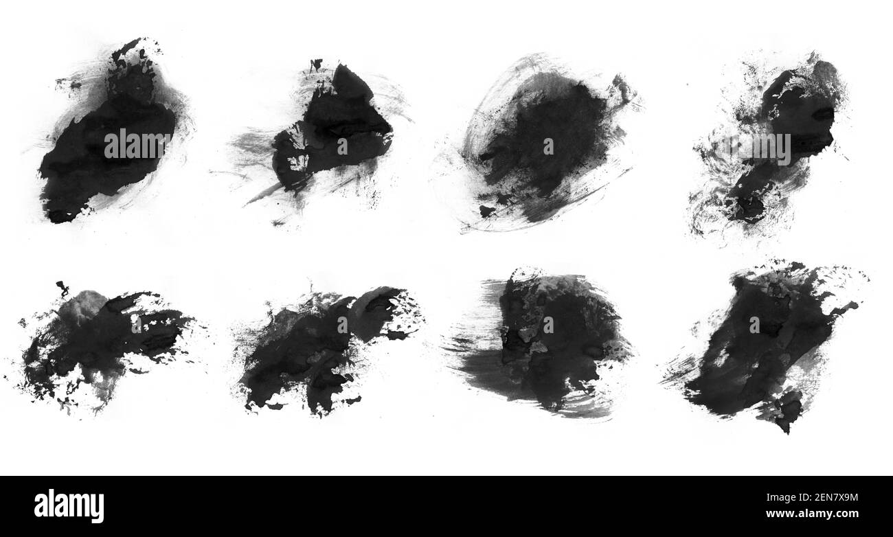 Bellissimi pennelli neri per la pittura. Set di spazzole per striscio isolate su sfondo bianco Foto Stock