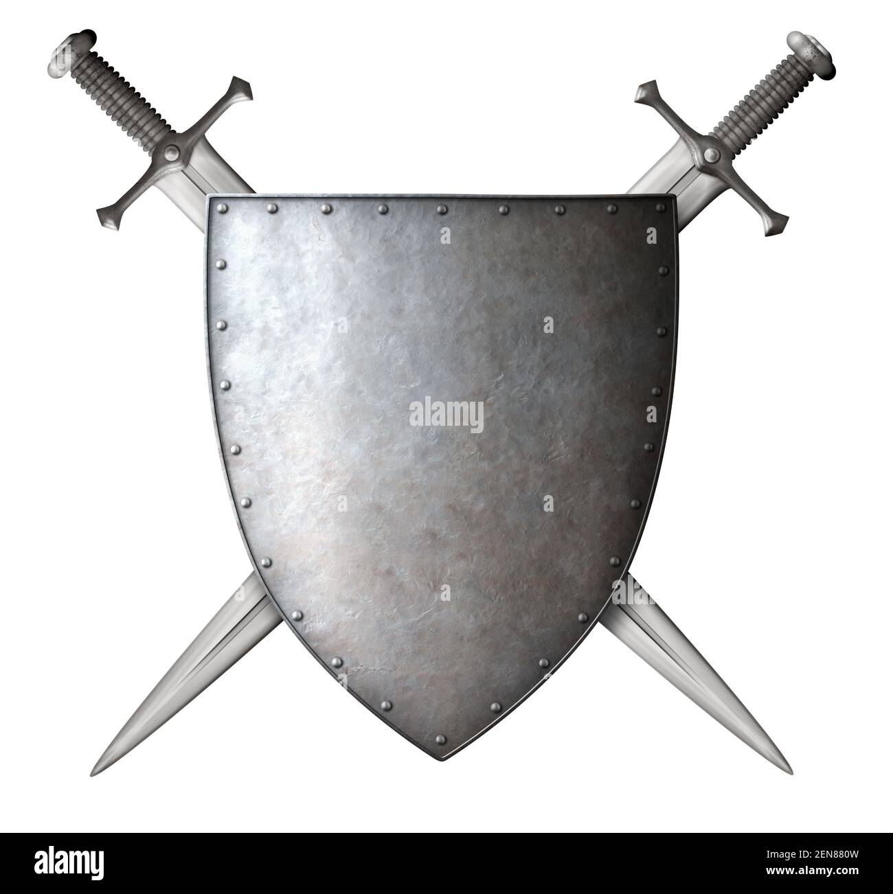 scudo cavaliere medievale e spade incrociate isolato illustrazione 3d Foto Stock