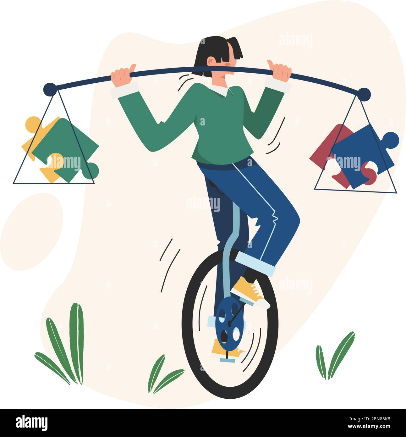 La gente sta equilibrando il puzzle sull'uniciclo Illustrazione Vettoriale