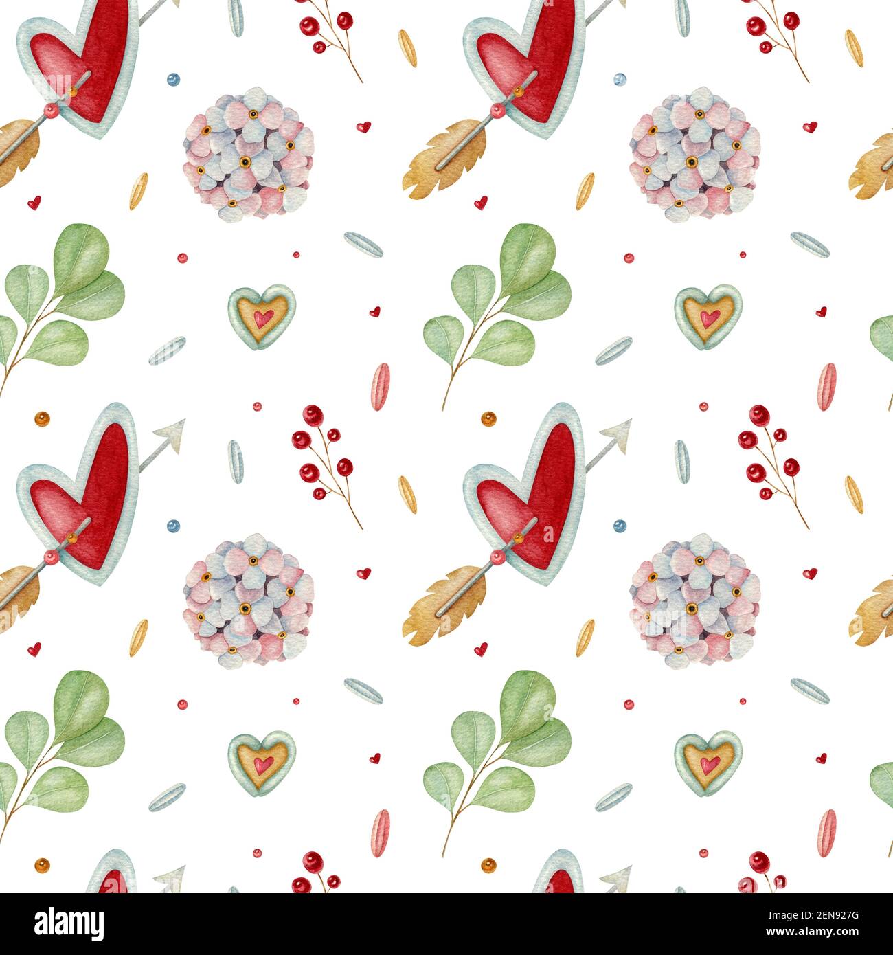 Motivo senza cuciture acquerello con cuore, freccia, bacche e foglia sullo sfondo chiaro. Illustrazione luminosa. Ideale per il tessuto, l'avvolgimento. Foto Stock