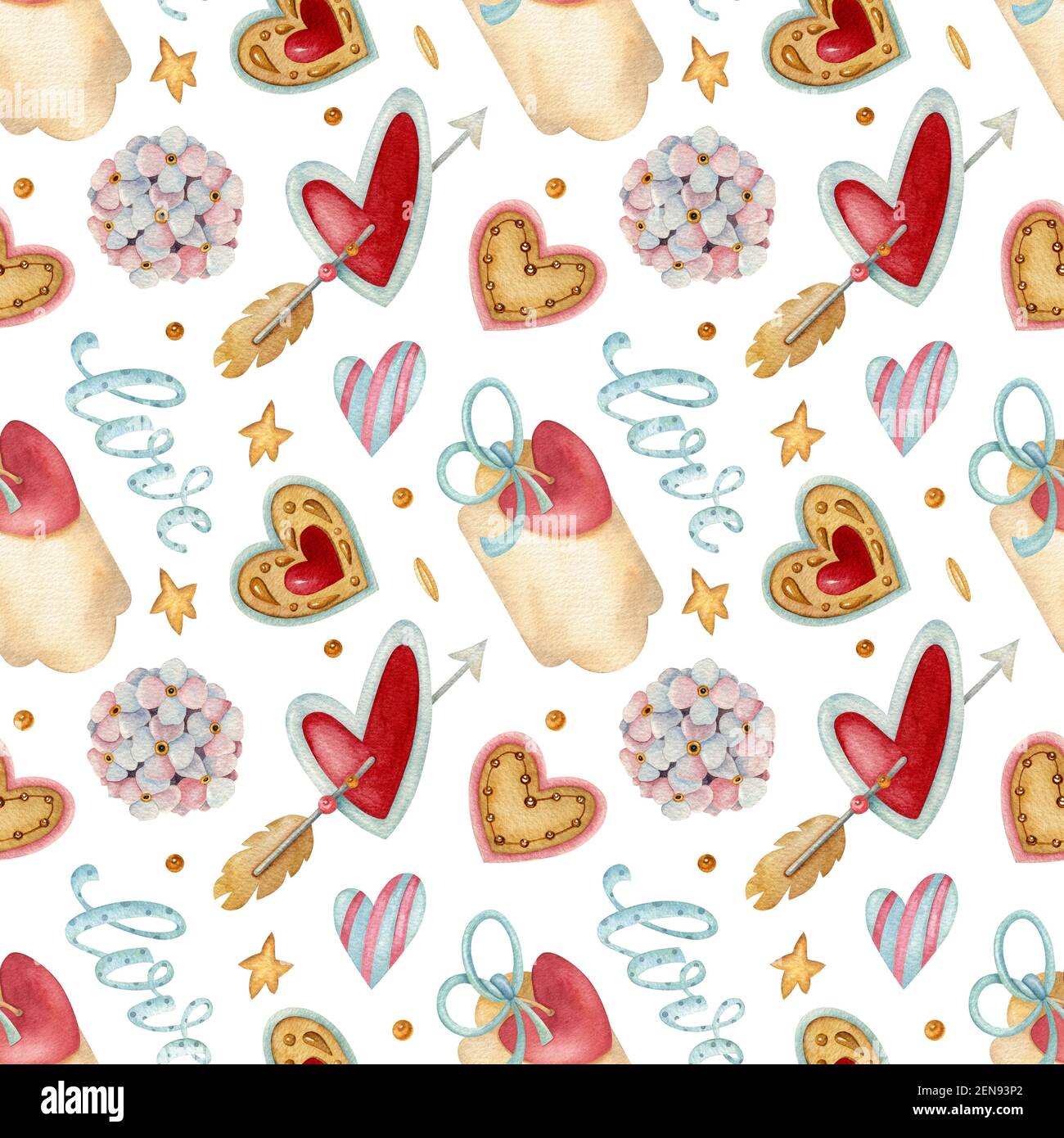 Motivo senza giunture acquerello con cuore, freccia, banner, fiore, stella e biscotti sullo sfondo chiaro. Illustrazione luminosa. Ideale per il tessuto. Foto Stock