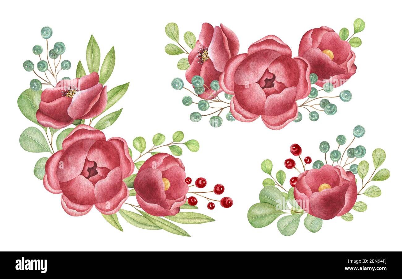Acquerello impostato sullo sfondo chiaro. Brillante illustrazione dipinta a mano di composizioni floreali con foglie e bacche. Foto Stock