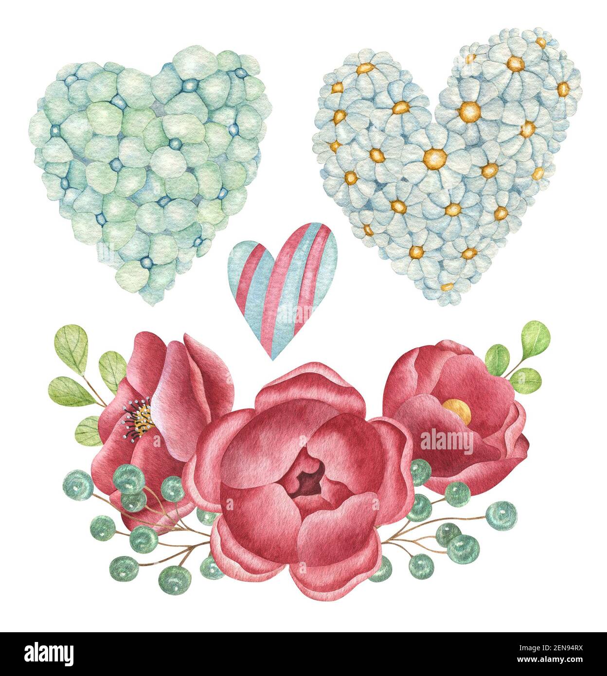 Acquerello impostato sullo sfondo chiaro. Luminosa illustrazione dipinta a mano con cuore, composizione floreale e camomilla. Foto Stock
