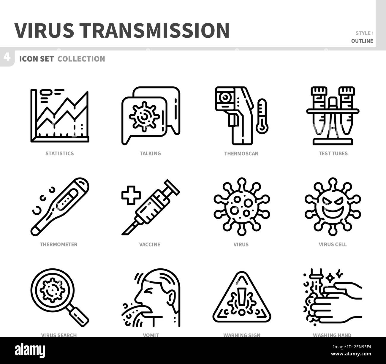 trasmissione del virus, coronavirus, insieme di icone di covid19, vettore e illustrazione Illustrazione Vettoriale
