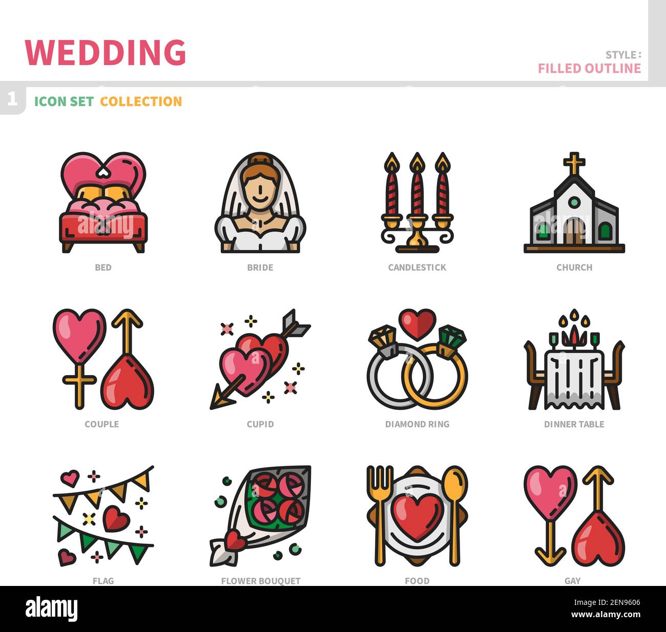 insieme di icone di matrimonio e matrimonio, stile di contorno pieno, vettore e illustrazione Illustrazione Vettoriale