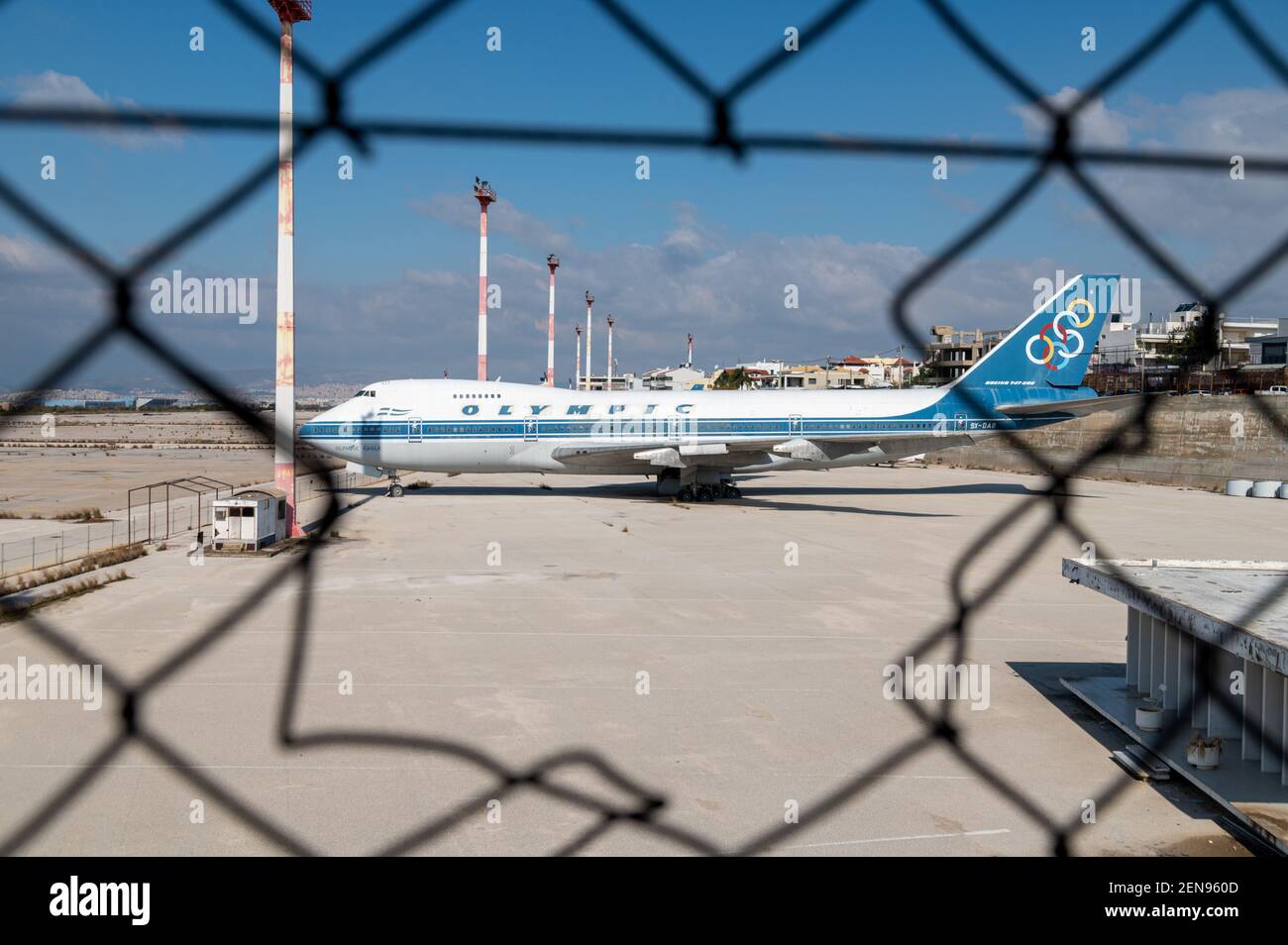 Boeing 747 di ex compagnie aeree olimpiche alla vecchia Atene aeroporto Foto Stock