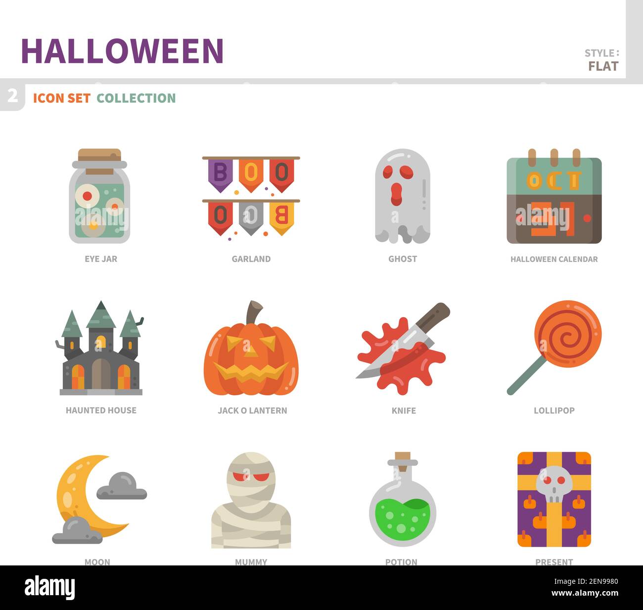 set di icone halloween, stile piatto a colori, vettore e illustrazione Illustrazione Vettoriale