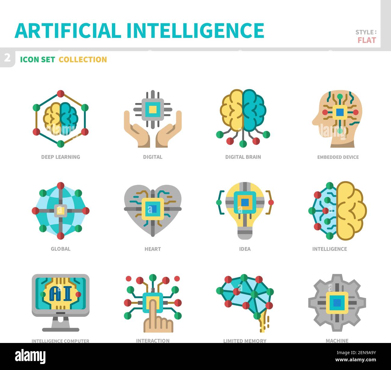 insieme di icone di intelligenza artificiale, stile piatto, vettore e illustrazione Illustrazione Vettoriale