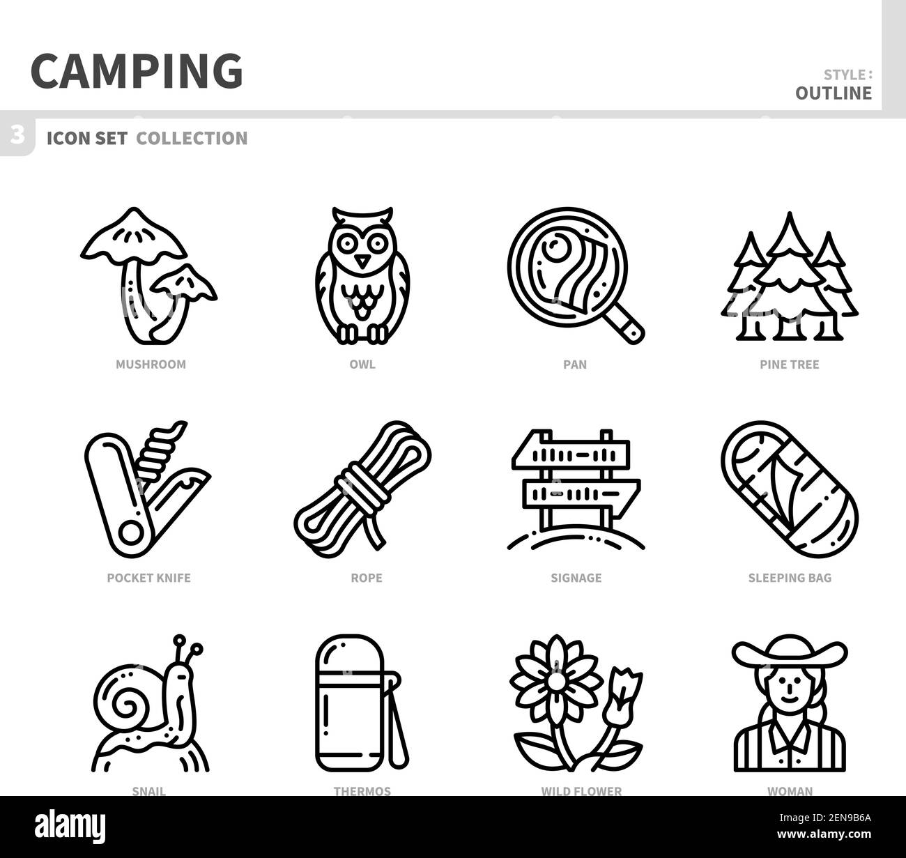 insieme di icone del campeggio, stile del contorno, vettore e illustrazione Illustrazione Vettoriale