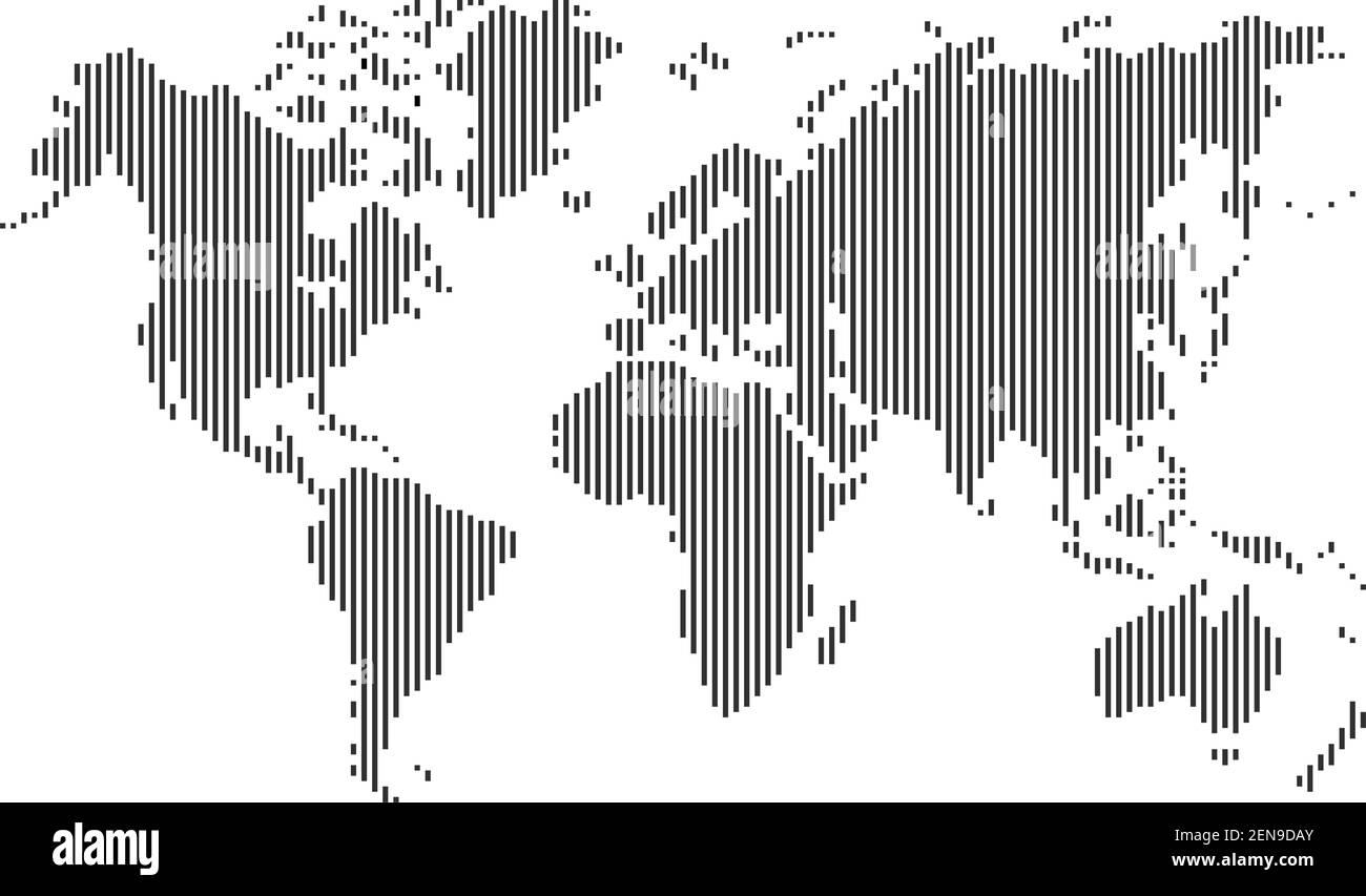 mappa del mondo a righe verticali nere su sfondo vuoto, modello a frame completo, vettore e illustrazione Illustrazione Vettoriale
