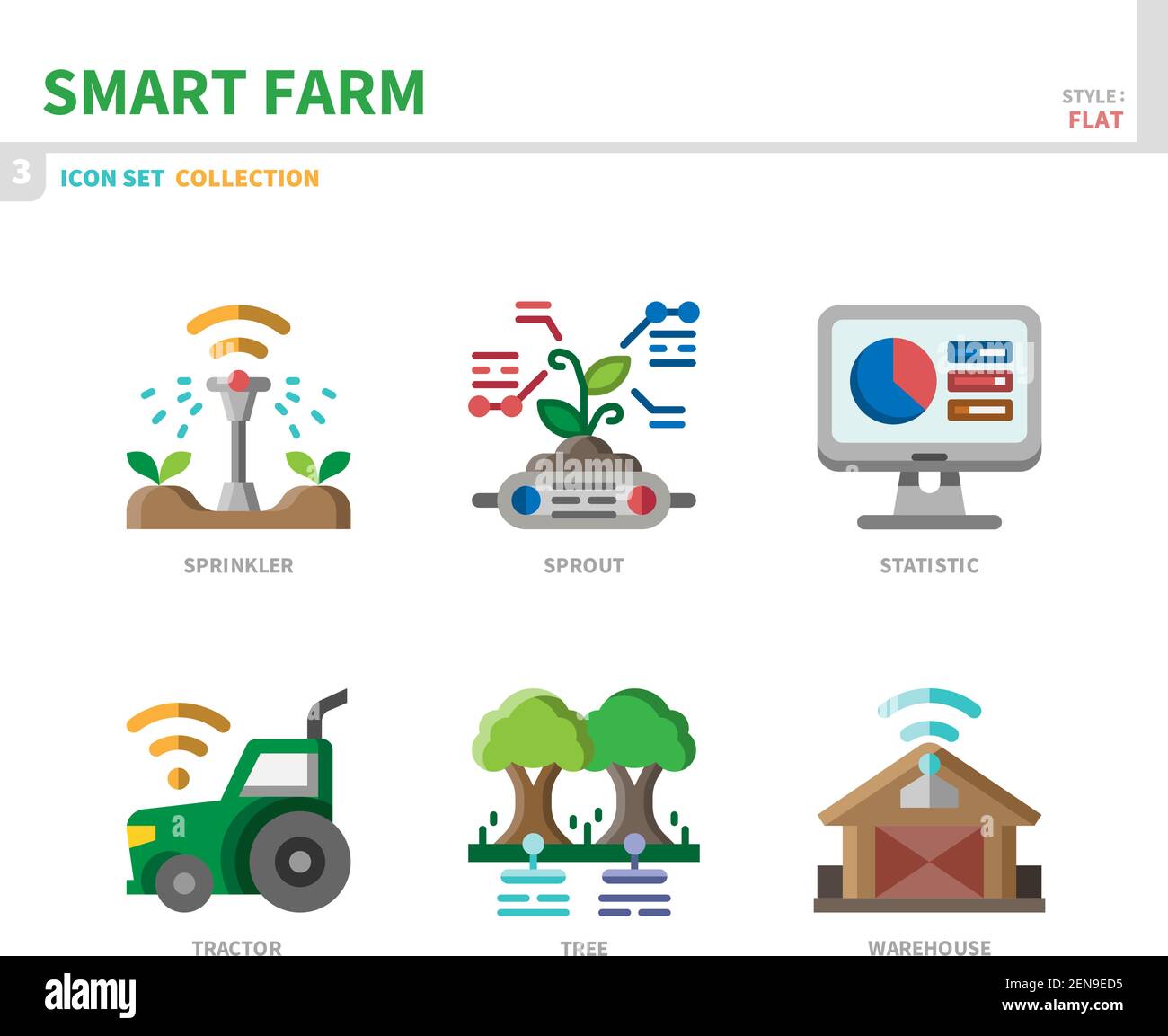 set di icone smart farm, stile piatto, vettore e illustrazione Illustrazione Vettoriale