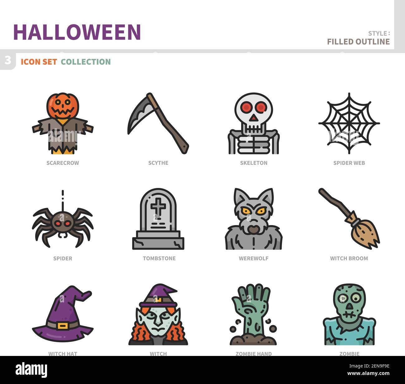 insieme di icone di halloween, stile di contorno pieno, vettore e illustrazione Illustrazione Vettoriale