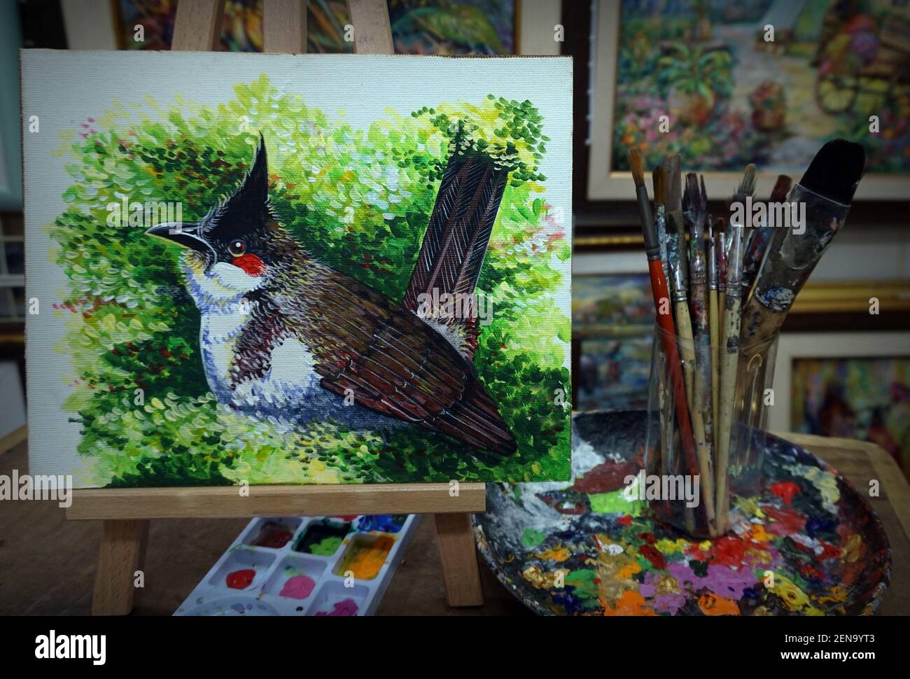 Pittura di arte ,astratto ,acrilico ,colore ,Uccelli ,natura, immaginazione , bulbul rosso-whiskered Foto Stock