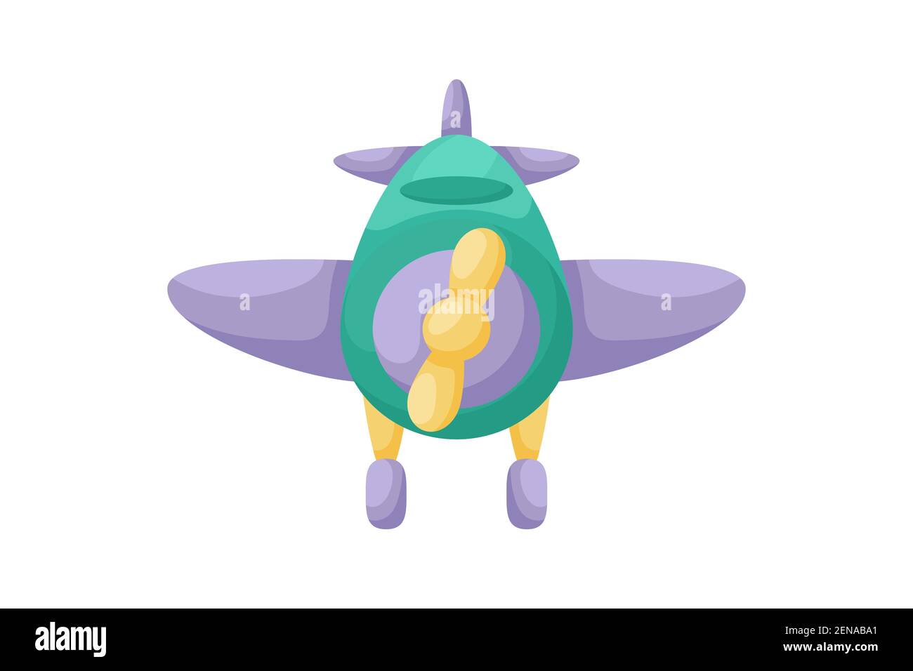 Aeroplano verde-violetto su sfondo bianco. Trasporto di cartoni animati per i bambini carte, baby doccia, invito di compleanno, interno della casa. Peperoncino dai colori vivaci Illustrazione Vettoriale