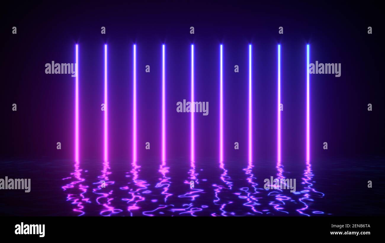 Linee al neon incandescenti con riflessi sulla superficie dell'acqua. Sfondo astratto, onde, ultravioletti, colori vibranti spettro, spettacolo laser. rappresentazione grafica 3d Foto Stock