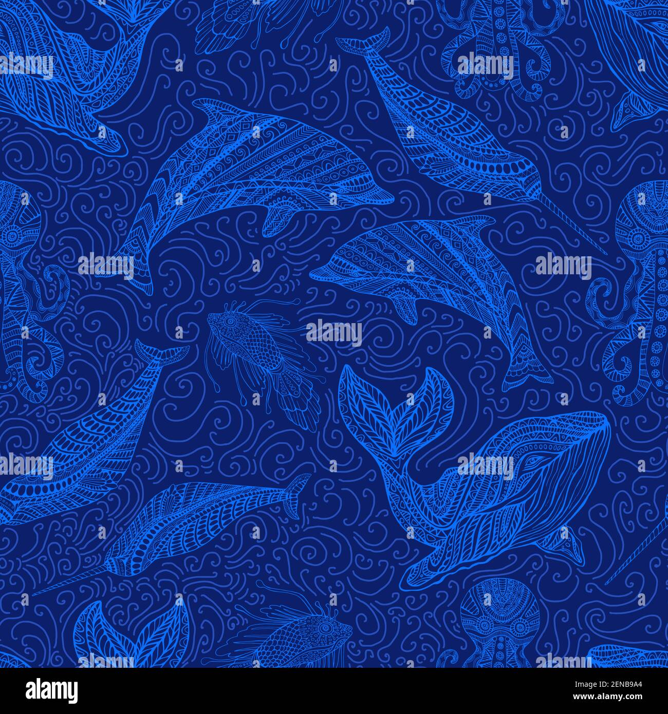Incredibile Dolphin Whale Octopus Narwhal e pesce ornamentali onde marine fantasia motivo senza cuciture, colore blu contorno, isolato su blu scuro Illustrazione Vettoriale