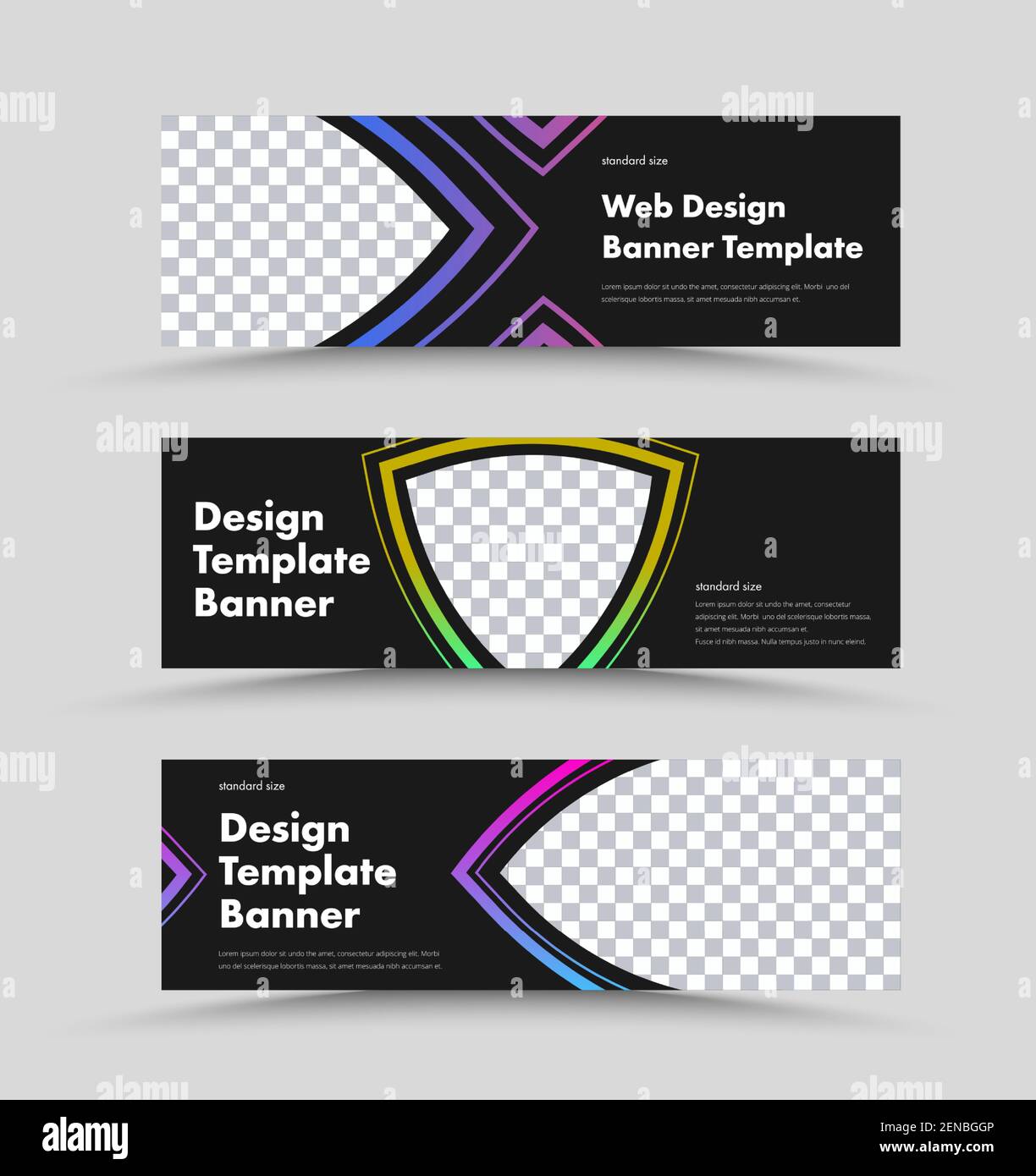 Progettazione di banner Web neri orizzontali con spazio per foto e linee a colori. Dimensioni standard dei modelli. Illustrazione vettoriale. Impostazione Illustrazione Vettoriale