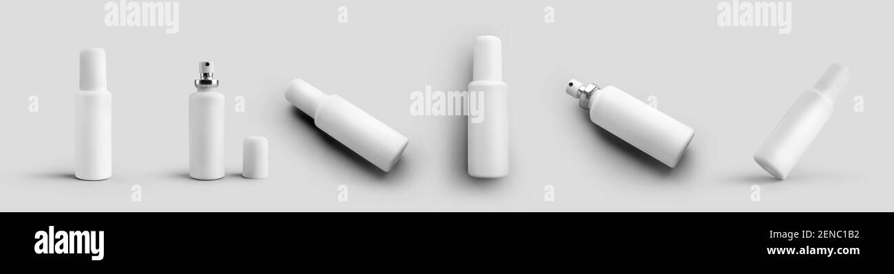 Set di maschere di bottiglie di plastica per profumo, antisettico, vaso con atomizzatore isolato su sfondo. Confezione contenitore aerosol, confezione vuota per de Foto Stock