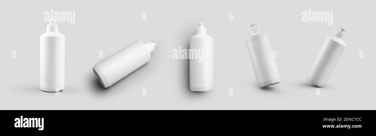Un set di mockup di una bottiglia di plastica con push-pull per detersivo, detergente, contenitore per presentazione di design, pubblicità. Temp. Vaschette chimiche Foto Stock