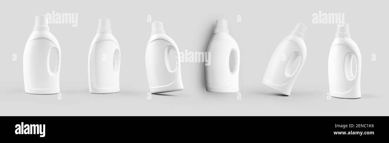 Un set di boccagli di bottiglie di plastica per polvere liquida, detergente per presentazione di design, pubblicità. Modello contenitore con prodotti chimici per lavastoviglie Foto Stock