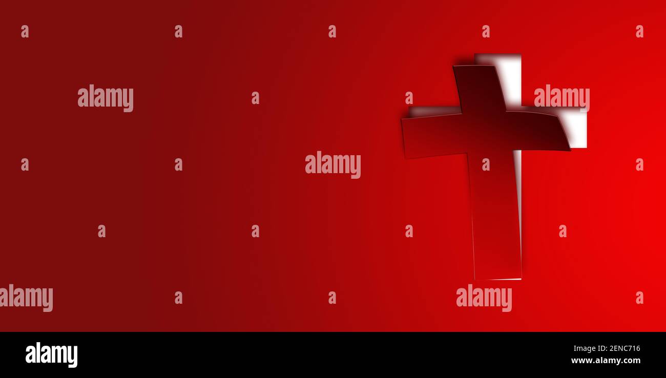 Concetto di morte e risurrezione di cristo con illustrazione con taglio di croce cristiana che si stacca da sfondo rosso gradiente. Foto Stock