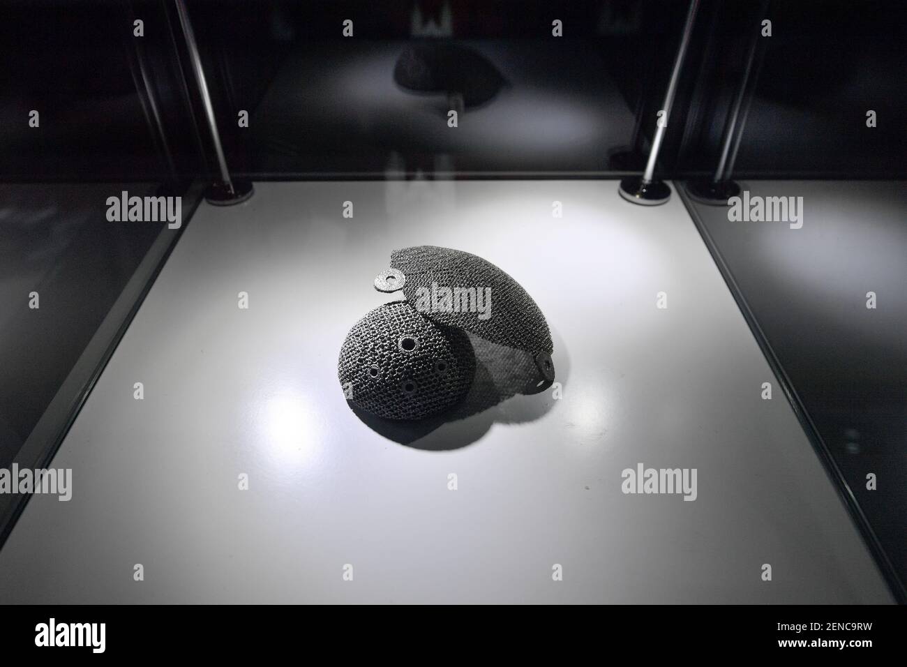 (210226) -- TIANJIN, 26 febbraio 2021 (Xinhua) -- Foto scattata il 24 febbraio 2021 mostra un prodotto stampato da una stampante 3D in metallo per uso medico presso il Centro di Ricerca per la tecnologia e l'ingegneria della produzione additiva, Tsinghua University Tianjin Research Institute for Advanced Equipment, a Tianjin, nel nord della Cina. Tsinghua University l'Istituto di Ricerca di Tianjin per le apparecchiature avanzate è stato fondato nell'ottobre 2014. Combina i vantaggi della scienza, della tecnologia, delle risorse umane dell'Università di Tsinghua e la forza industriale e regionale di Tianjin, fungendo da piattaforma completa per la t Foto Stock