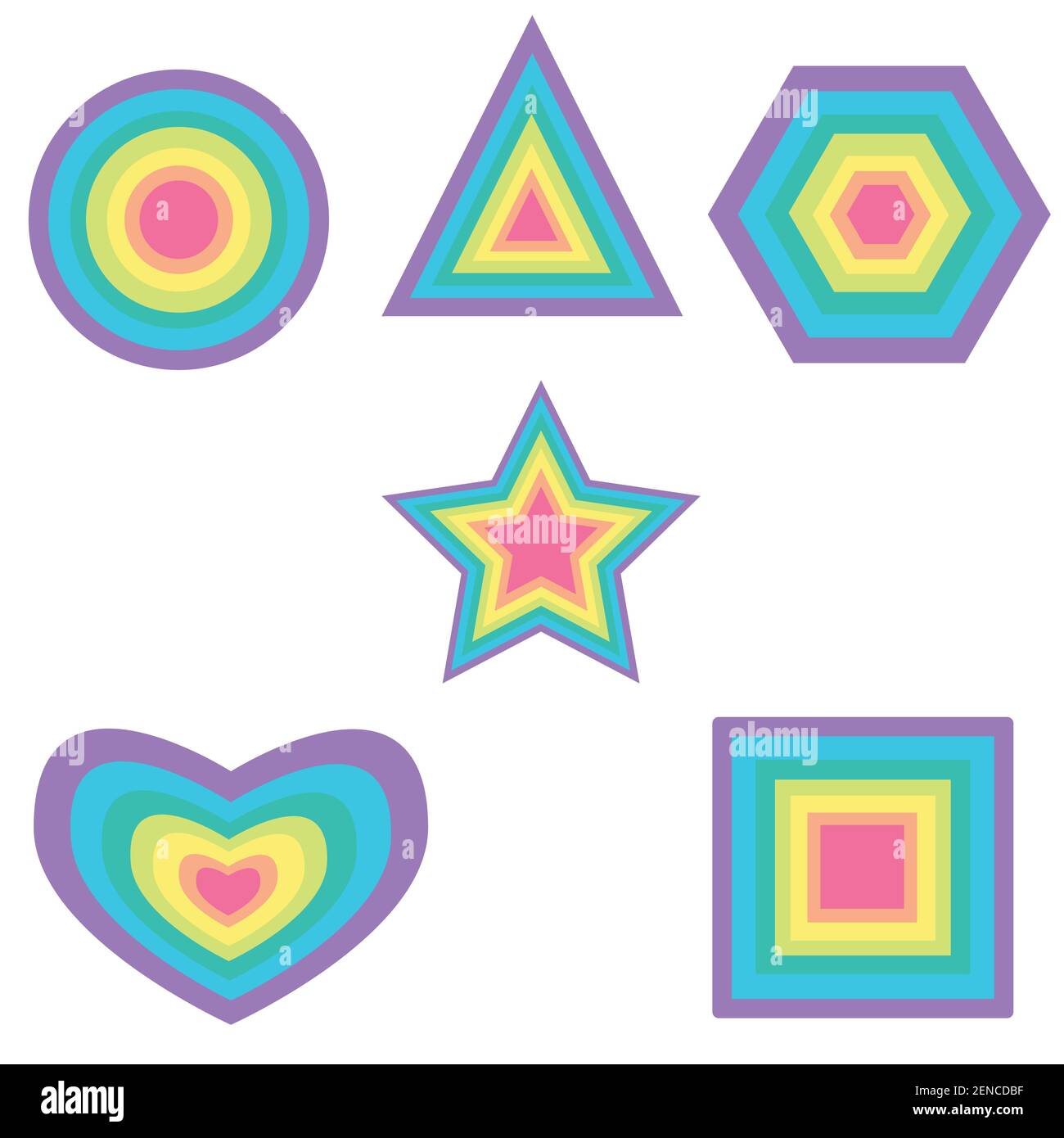 Set arcobaleno colore pastello figura - triangolo, cuore, poligono, quadrato, cerchio e stella. Modelli isolati. Vettore colorato logo disegno astratto Illustrazione Vettoriale