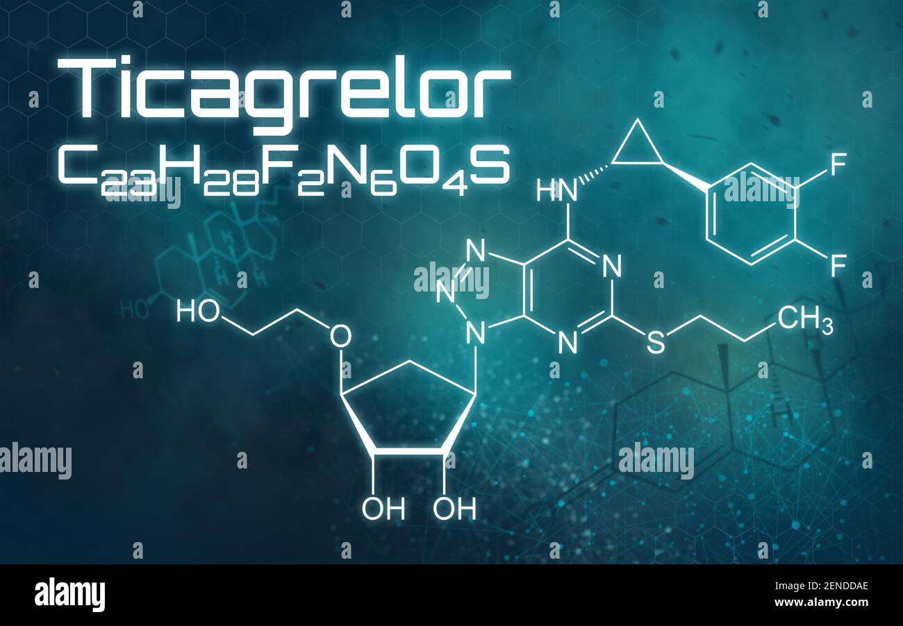 Formula chimica di Ticagrelor su sfondo futuristico Foto Stock