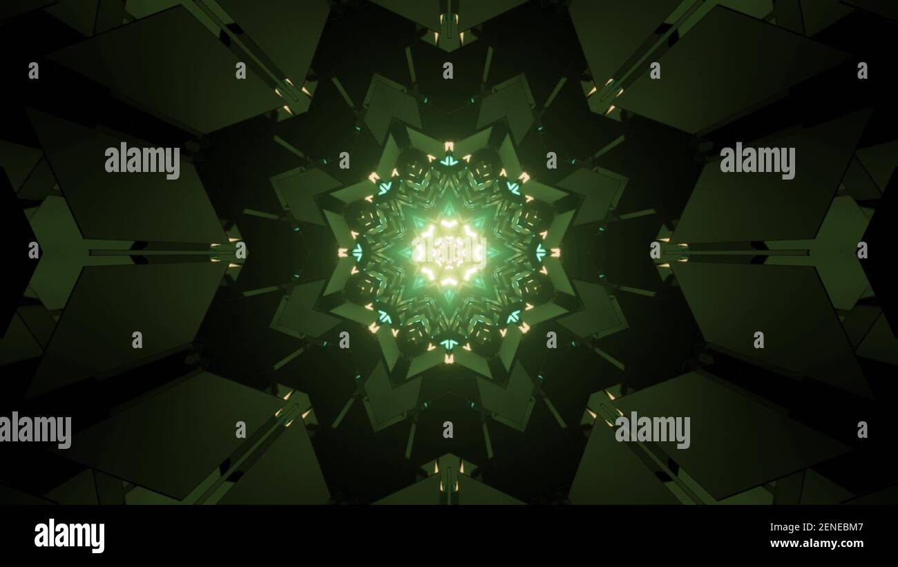 Verde neon caleidoscopio sfondo illustrazione 3d Foto Stock