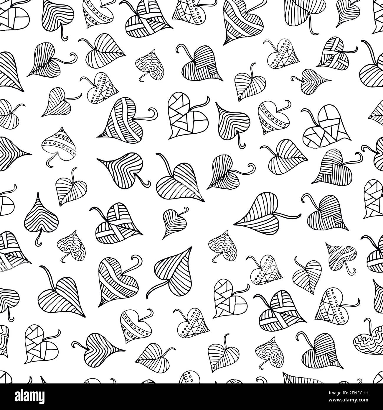 Bianco nero foglie decorative motivo senza giunture, stile etnico, vettoriale mano disegno sfondo floreale, caduta foglie cartoon illustrazione. Pag. Colorazione Illustrazione Vettoriale