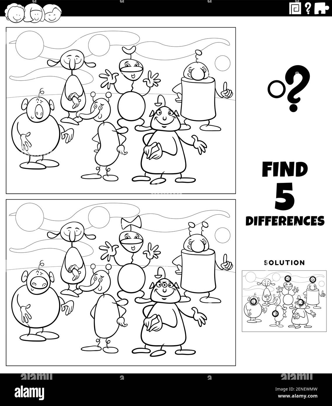 Cartoni animati in bianco e nero illustrazione di trovare le differenze tra  immagini gioco educativo per bambini con alieni o fantasia divertente  caratteri col Immagine e Vettoriale - Alamy